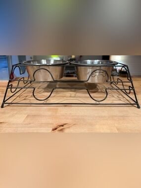 Raised Double Dog Bowl Stand with Stainless Steel Bowls - Black
